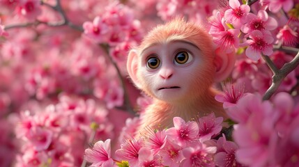 a close up of a monkey in a tree of pink flowers with a surprised look on it's face.