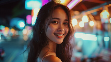 Obraz premium attractive woman at nightlife in a narrow side street, local woman local, attractive, youthful appearance, age 25, friendly smile smile, fictional location