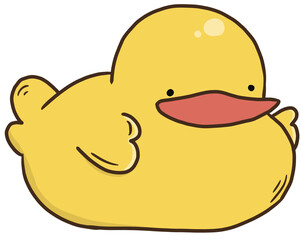 Cheerful Yellow Duck Cartoon with Baby Chick and Rubber Toy in a Playful Water Bath
