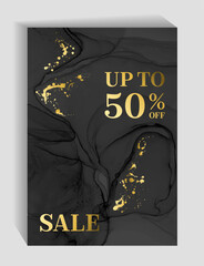 Marketing banners for Black Friday sale vector design. Advertising banners with fluid backgrounds, gold drop blots. Sale banners, up to 50% off special offer advert design. Best price discounts