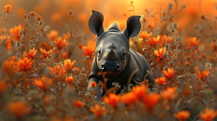 a rhinoceros in a field of flowers with the sun shining on it's back and it's ears sticking out.