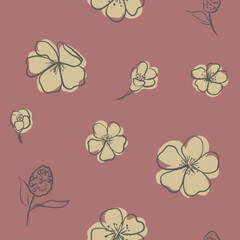 Beige floral on red background vintage style hand drawn seamless pattern 