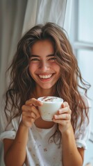 A happy smiling girl enjoys yogurt for breakfast, radiating contentment and satisfaction with her morning meal.