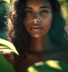 young adult woman thoughtful or enjoying the warm rays of sunshine in the garden or city park or forest or in nature while hiking, full big lips, deep black eye color, on vacation or local, tanned ski
