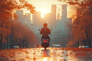 Foto op Plexiglas Fashion business man driving a scooter in helmet in new town. © charunwit