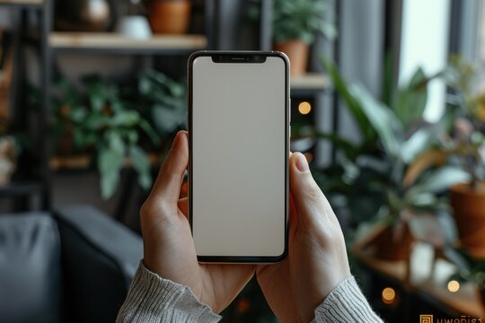Mockup image of a woman holding mobile phone with blank desktop screen at home