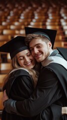 Obraz premium A joyful university couple embraces and congratulates each other on their graduation, celebrating their achievement in a lecture hall.