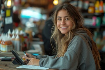 An American woman is using the phone to take orders from customers while looking at and writing on a notepad at her shop counter. ,Look at her smiling happily.