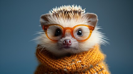 a close up of a hedgehog wearing a sweater with glasses on it's head and looking at the camera.