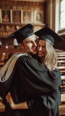 Fototapeta premium A joyful university couple embraces and congratulates each other on their graduation, celebrating their achievement in a lecture hall.