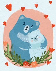 Cute hand drawn digital illustration Valentine's Day card as funny Bears with Heart and flowers. Textured effects, watercolor brushes.
