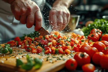 Close up shot of A Chef Chopping Fresh Vegetables on Wooden Board. - obrazy, fototapety, plakaty