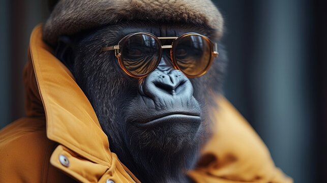 a close up of a monkey wearing a jacket and sunglasses with a hat on it's head and sunglasses on his face.