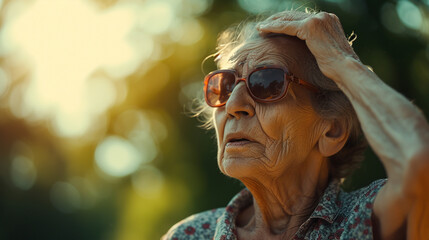an older woman, a grandma, Caucasian, with gray hair, emigrated on vacation, feels sickly or weak and sick or is exhausted and depressed by the high temperatures, - obrazy, fototapety, plakaty