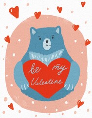Cute hand drawn digital illustration Valentine's Day card as funny Bear with Heart. Textured effects, watercolor brushes.