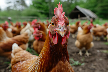 Chickens in nature. Chicken farm, low angle view.