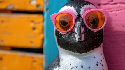 a close up of a penguin wearing pink sunglasses and a black and white penguin with orange eyes and a pink beak.