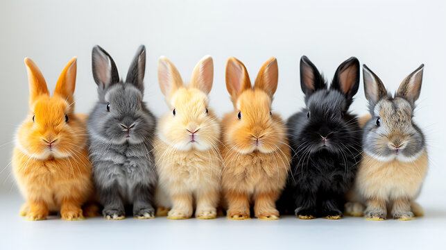 Adorable baby rabbits in different colors Cute Rabbits sitting in a row at studio on gray background