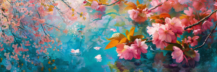 Fototapeta na wymiar Illustration. Blooming spring. Background of multi-colored flowers.