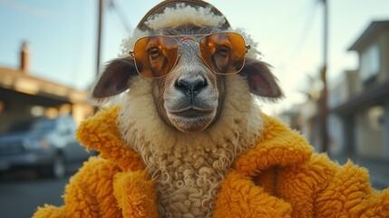 Fototapeta premium a close up of a sheep wearing sunglasses and a yellow coat with a building in the background and a car in the foreground.