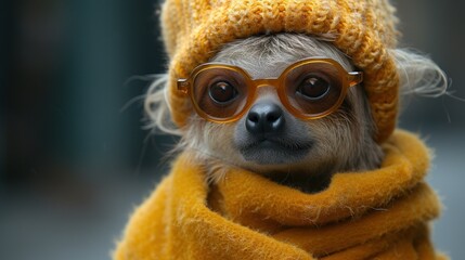 a close up of a monkey wearing a yellow scarf and a knitted hat with glasses on it's head.
