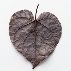 A heart-shaped leaf is captured in a studio shot against a white background, emphasizing its natural beauty and form.