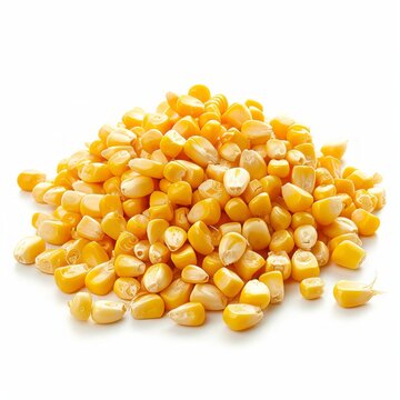 A heap of sweetcorn kernels is isolated on a white background, providing a clear and focused image.