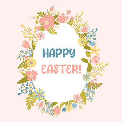 Happy Easter card. Vector banner with flowers. Modern minimal design in pastel colors.