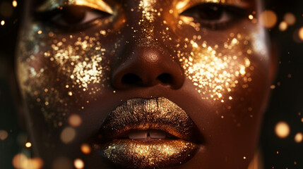 young adult african american dark skinned woman with gold glitter golden makeup, abstract, sparkle and glitter, bokeh, gold dust and beauty of youth