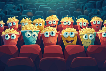Cinema auditorium. Instead of people there are buckets of popcorn. Fun abstract illustration.