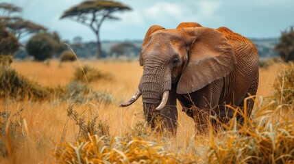 Fototapeta premium an elephant standing in the middle of a field of tall grass with trees in the back ground and a blue sky in the background.