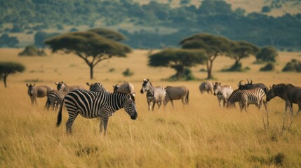 Fototapeta na wymiar a herd of zebras and wildebeests grazing in a field of dry grass with trees in the background.