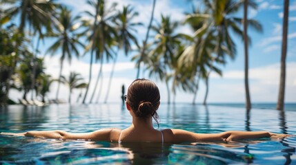A serene Hispanic woman enjoys sunbathing at a tropical resort with an infinite pool, set against a backdrop of palm trees on Lombok island, reflecting the laid-back lifestyle of people in Indonesia.