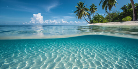 Half underwater view clear sea and sand beach with palm trees.