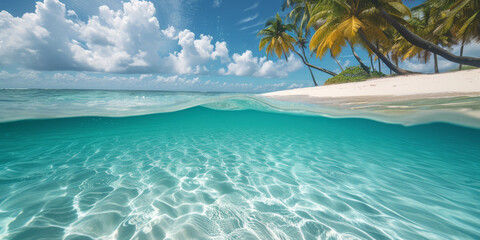 Half underwater view clear sea and sand beach with palm trees. - obrazy, fototapety, plakaty