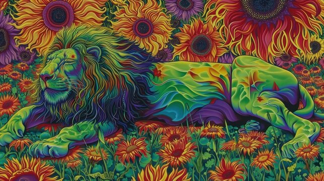 a painting of a lion laying in a field of sunflowers with a lion in the middle of the painting.