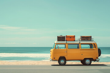 Vintage retro minibus van on a deserted beach. A pile of suitcases on the roof of a motorhome.