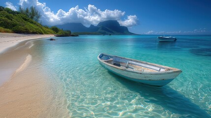 a boat sitting on top of a sandy beach next to a body of water with a mountain in the background.