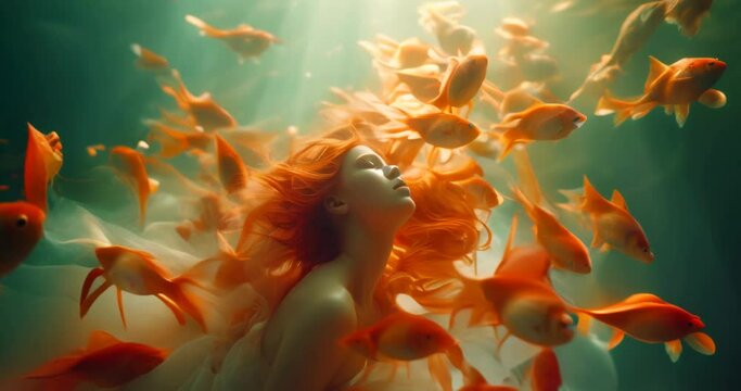 underwater dreamscape with goldfish and orange-haired individual mermaid