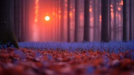 the sun shines brightly through the trees in a forest filled with blue grass and red and purple leaves on the ground.