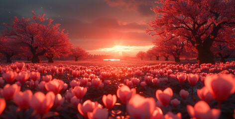 a field full of pink tulips with the sun setting in the distance in the distance, with trees and grass in the foreground.