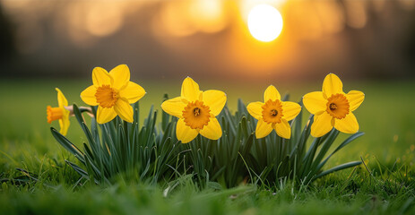 a group of yellow daffodils in a field of green grass with the sun setting in the background.