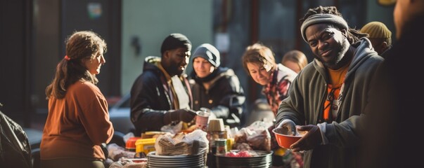 Volunteers distribute food to homeless individuals at a community center, illustrating compassionate support and aid for those in need.