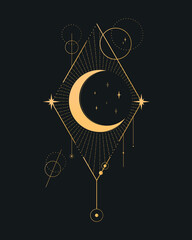 Abstract celestial emblem with a crescent, stars and geometric shapes. Vector illustration