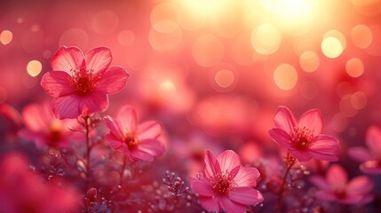 a close up of pink flowers in a field with a bright light in the background and boke of blurry lights in the background.