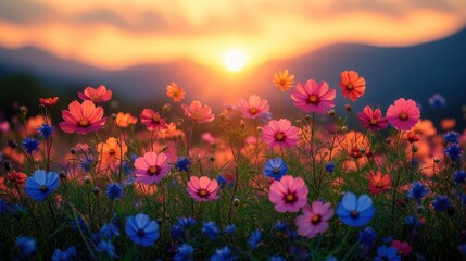 a field full of colorful flowers with the sun setting in the distance in the distance in the distance is a mountain range in the distance.