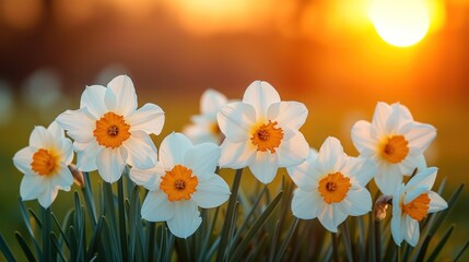a group of white daffodils in front of a setting sun in a field of grass with the sun in the background.