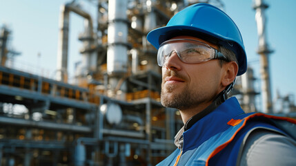 Fototapeta premium An adult man, Caucasian, is on an oil platform or gas or hydrogen refinery, energy industry and extraction of raw materials, wearing a hardhat and worker's vest, job and profession and career