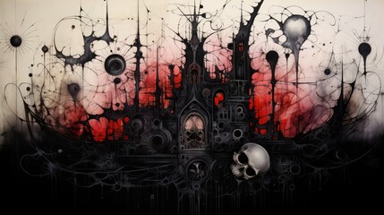 Abstract surreal gothic black, white and red background with castle, sharp lines, skulls.