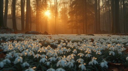 a field full of snowdrops with the sun shining through the trees in the background and a forest full of snowdrops in the foreground.